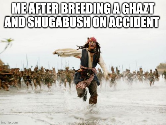 Jack Sparrow Being Chased | ME AFTER BREEDING A GHAZT AND SHUGABUSH ON ACCIDENT | image tagged in memes,jack sparrow being chased | made w/ Imgflip meme maker