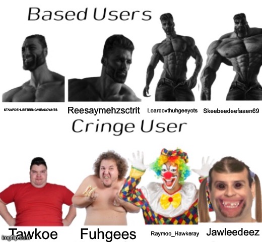 Based users vs cringe user | Skeebeedeefaaen69; Loardovthuhgeeyots; STAWPDEHLEETEENGMIEAKOWNTS; Reesaymehzsctrit; Jawleedeez; Tawkoe; Fuhgees; Raymoo_Hawkeray | image tagged in based users vs cringe user | made w/ Imgflip meme maker