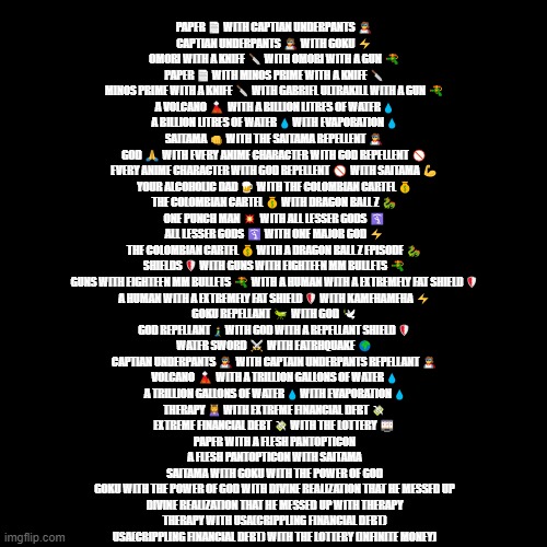 PAPER 📄 WITH CAPTIAN UNDERPANTS 🦸

CAPTIAN UNDERPANTS 🦸 WITH GOKU ⚡

OMORI WITH A KNIFE 🔪 WITH OMORI WITH A GUN 🔫

PAPER 📄 WITH MINOS PRIME WITH A KNIFE 🔪

MINOS PRIME WITH A KNIFE 🔪 WITH GABRIEL ULTRAKILL WITH A GUN 🔫

A VOLCANO 🌋 WITH A BILLION LITRES OF WATER 💧

A BILLION LITRES OF WATER 💧 WITH EVAPORATION 💧

SAITAMA 👊 WITH THE SAITAMA REPELLENT 🦸

GOD 🙏 WITH EVERY ANIME CHARACTER WITH GOD REPELLENT 🚫

EVERY ANIME CHARACTER WITH GOD REPELLENT 🚫 WITH SAITAMA 💪

YOUR ALCOHOLIC DAD 🍺 WITH THE COLOMBIAN CARTEL 💰

THE COLOMBIAN CARTEL 💰 WITH DRAGON BALL Z 🐉

ONE PUNCH MAN 💥 WITH ALL LESSER GODS 🛐

ALL LESSER GODS 🛐 WITH ONE MAJOR GOD ⚡

THE COLOMBIAN CARTEL 💰 WITH A DRAGON BALL Z EPISODE 🐉

SHIELDS 🛡️ WITH GUNS WITH EIGHTEEN MM BULLETS 🔫

GUNS WITH EIGHTEEN MM BULLETS 🔫 WITH A HUMAN WITH A EXTREMELY FAT SHIELD 🛡️

A HUMAN WITH A EXTREMELY FAT SHIELD 🛡️ WITH KAMEHAMEHA ⚡

GOKU REPELLANT 🦗 WITH GOD 🕊️

GOD REPELLANT 🧎 WITH GOD WITH A REPELLANT SHIELD 🛡️

WATER SWORD ⚔️ WITH EATRHQUAKE 🌍

CAPTIAN UNDERPANTS 🦸 WITH CAPTAIN UNDERPANTS REPELLANT 🦸

VOLCANO 🌋 WITH A TRILLION GALLONS OF WATER 💧

A TRILLION GALLONS OF WATER 💧 WITH EVAPORATION 💧

THERAPY 💆 WITH EXTREME FINANCIAL DEBT 💸

EXTREME FINANCIAL DEBT 💸 WITH THE LOTTERY 🎰

PAPER WITH A FLESH PANTOPTICON

A FLESH PANTOPTICON WITH SAITAMA

SAITAMA WITH GOKU WITH THE POWER OF GOD

GOKU WITH THE POWER OF GOD WITH DIVINE REALIZATION THAT HE MESSED UP

DIVINE REALIZATION THAT HE MESSED UP WITH THERAPY

THERAPY WITH USA(CRIPPLING FINANCIAL DEBT)

USA(CRIPPLING FINANCIAL DEBT) WITH THE LOTTERY (INFINITE MONEY) | made w/ Imgflip meme maker