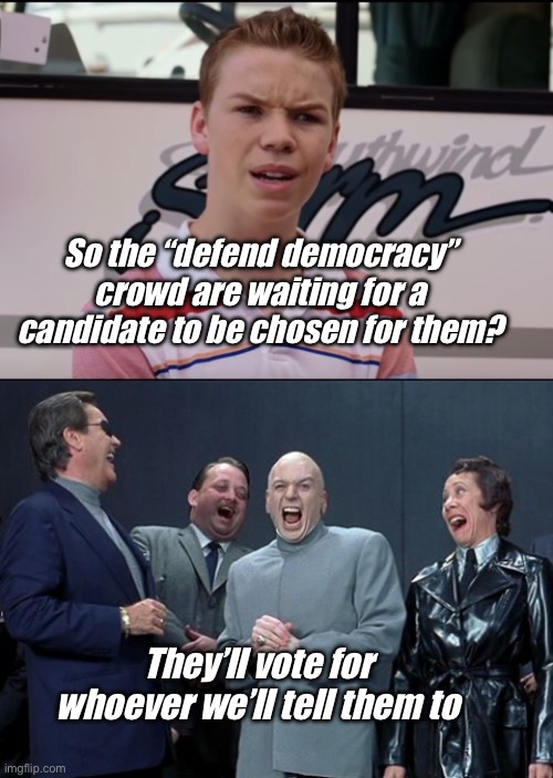 So democracy is voting for a candidate selected by elites? | So the “defend democracy” crowd are waiting for a candidate to be chosen for them? They’ll vote for whoever we’ll tell them to | image tagged in you guys are getting paid,memes,laughing villains,politics lol,liberal logic,derp | made w/ Imgflip meme maker