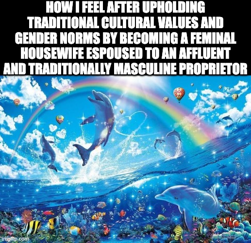 Happy dolphin rainbow | HOW I FEEL AFTER UPHOLDING TRADITIONAL CULTURAL VALUES AND GENDER NORMS BY BECOMING A FEMINAL HOUSEWIFE ESPOUSED TO AN AFFLUENT AND TRADITIONALLY MASCULINE PROPRIETOR | image tagged in happy dolphin rainbow,proprietor,future housewife,woman,funny,gender | made w/ Imgflip meme maker