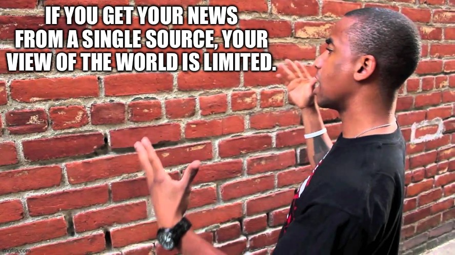 One news source | IF YOU GET YOUR NEWS FROM A SINGLE SOURCE, YOUR VIEW OF THE WORLD IS LIMITED. | image tagged in talking to wall | made w/ Imgflip meme maker