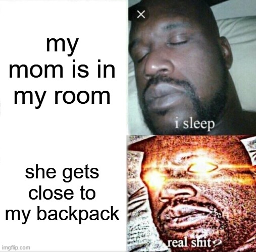 Sleeping Shaq Meme | my mom is in my room; she gets close to my backpack | image tagged in memes,sleeping shaq | made w/ Imgflip meme maker