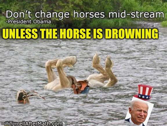 Biden makes the slogan outdated | UNLESS THE HORSE IS DROWNING | image tagged in gifs,biden,democrats,obama | made w/ Imgflip meme maker