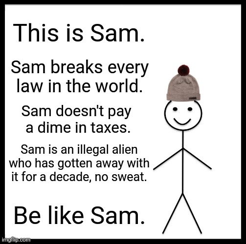 Be Like Bill | This is Sam. Sam breaks every law in the world. Sam doesn't pay 
a dime in taxes. Sam is an illegal alien who has gotten away with it for a decade, no sweat. Be like Sam. | image tagged in memes,be like bill | made w/ Imgflip meme maker