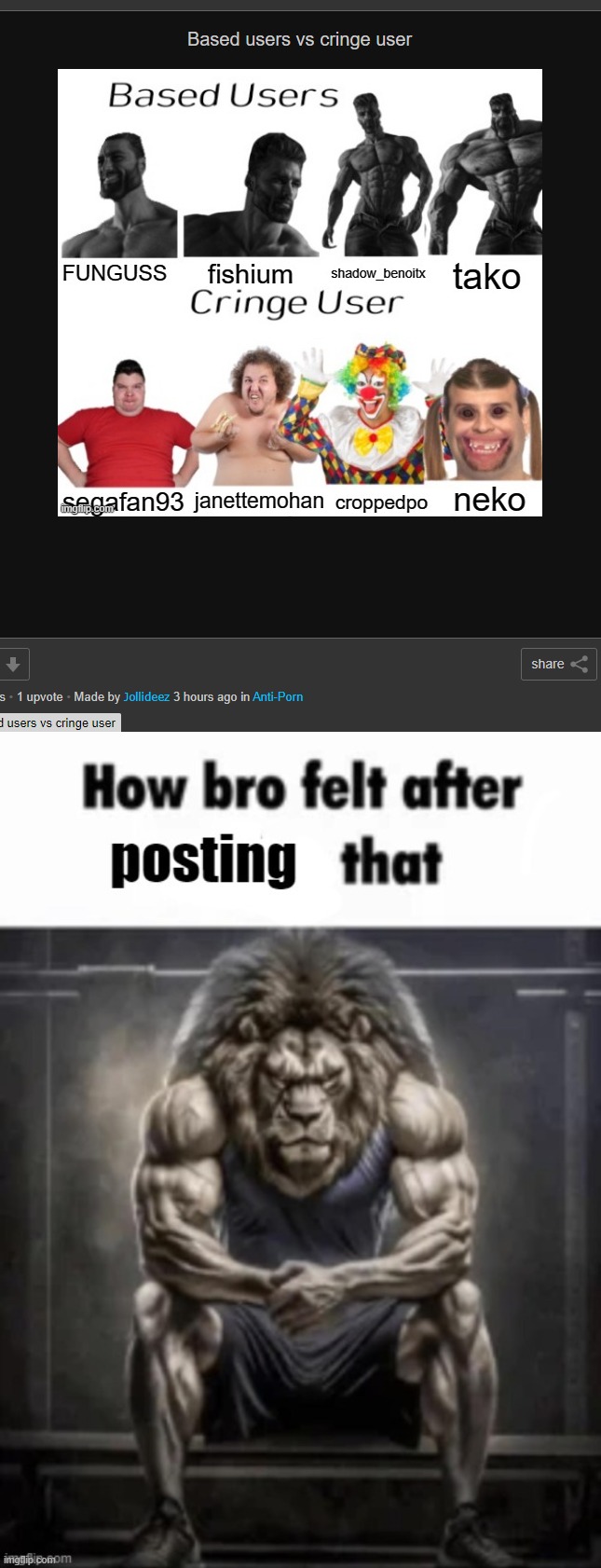 Context, those guys post porn on the cringy "anti" streams (W) | image tagged in how bro felt after posting that | made w/ Imgflip meme maker