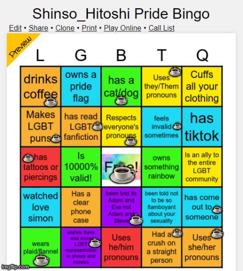 Shinso_Hitoshi Pride bingo (no bingo) (Shinso_Hitoshi is one of LGBTQ stream’s former mods from 3 to 4 years ago) | ☕; ☕; ☕; ☕; ☕; ☕; ☕; ☕; ☕; ☕; ☕; ☕; ☕; ☕; ☕ | image tagged in shinso_hitoshi pride bingo,bingo,lgbtq,coffee,cats,dogs | made w/ Imgflip meme maker