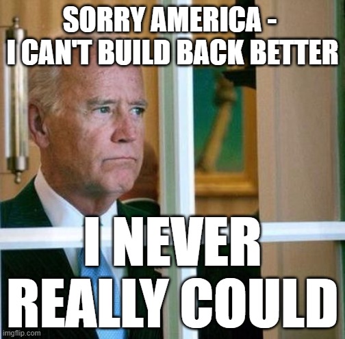Trump will Replace Biden | SORRY AMERICA - 
I CAN'T BUILD BACK BETTER; I NEVER REALLY COULD | image tagged in sad joe biden | made w/ Imgflip meme maker