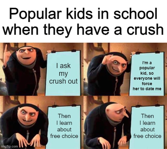Being popular won't guarantee getting girls, my fellas | Popular kids in school when they have a crush; I'm a popular kid, so everyone will force her to date me; I ask my crush out; Then I learn about free choice; Then I learn about free choice | image tagged in memes,gru's plan,crush,when your crush,popular,free will | made w/ Imgflip meme maker