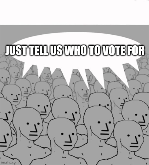 NPCProgramScreed | JUST TELL US WHO TO VOTE FOR | image tagged in npcprogramscreed | made w/ Imgflip meme maker