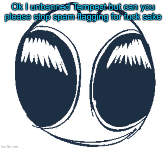 BTW Creature eyes | Ok I unbanned Tempest but can you please stop spam flagging for fuck sake | image tagged in btw creature eyes | made w/ Imgflip meme maker