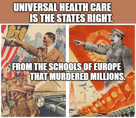 Hitler Stalin | UNIVERSAL HEALTH CARE            IS THE STATES RIGHT. FROM THE SCHOOLS OF EUROPE                THAT MURDERED MILLIONS. | image tagged in hitler stalin | made w/ Imgflip meme maker