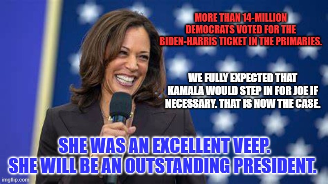 Kamala Harris is OUR choice for President in 2024. | MORE THAN 14-MILLION DEMOCRATS VOTED FOR THE BIDEN-HARRIS TICKET IN THE PRIMARIES. WE FULLY EXPECTED THAT KAMALA WOULD STEP IN FOR JOE IF NECESSARY. THAT IS NOW THE CASE. SHE WAS AN EXCELLENT VEEP. SHE WILL BE AN OUTSTANDING PRESIDENT. | image tagged in politics | made w/ Imgflip meme maker