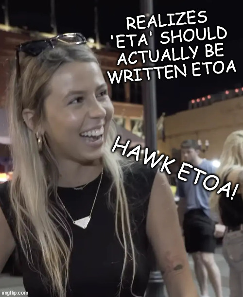 ETA, Estimated Time of Arrival | REALIZES
'ETA' SHOULD
ACTUALLY BE
WRITTEN ETOA; HAWK ETOA! | image tagged in hawk tuah | made w/ Imgflip meme maker