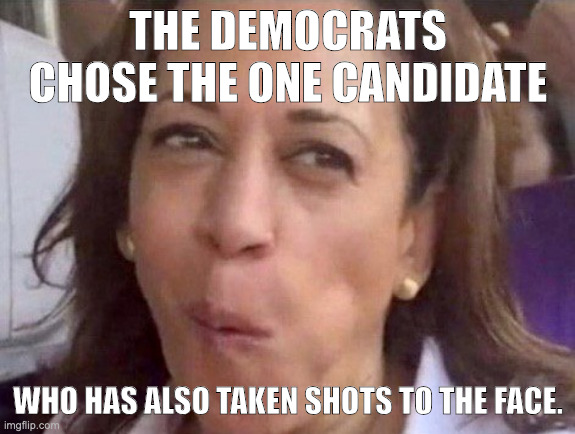 Kamala Harris | THE DEMOCRATS CHOSE THE ONE CANDIDATE; WHO HAS ALSO TAKEN SHOTS TO THE FACE. | image tagged in kamala harris | made w/ Imgflip meme maker