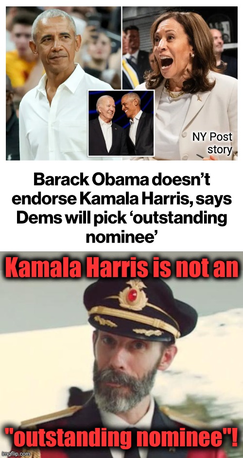 There you have it! | NY Post
story; Kamala Harris is not an; "outstanding nominee"! | image tagged in captain obvious,memes,kamala harris,democrats,obama,outstanding nominee | made w/ Imgflip meme maker