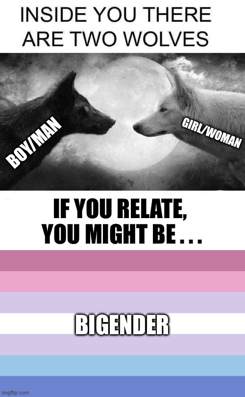 Bigender wolves | GIRL/WOMAN; BOY/MAN; IF YOU RELATE, 
YOU MIGHT BE . . . BIGENDER | image tagged in inside you there are two wolves,bigender,lgbtq,wolves,wolf,gender | made w/ Imgflip meme maker