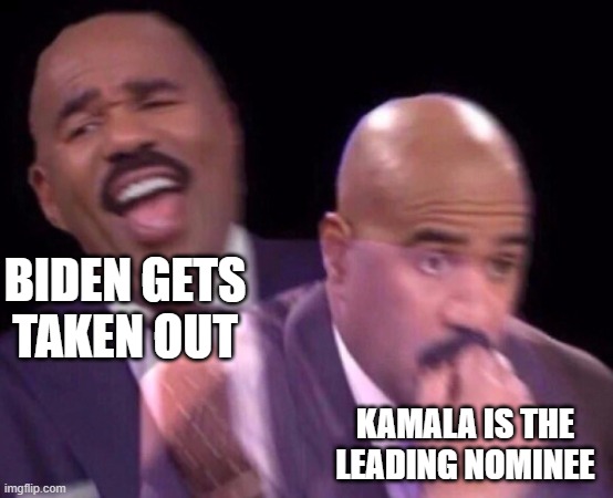 Steve Harvey Laughing Serious | BIDEN GETS TAKEN OUT; KAMALA IS THE LEADING NOMINEE | image tagged in steve harvey laughing serious | made w/ Imgflip meme maker