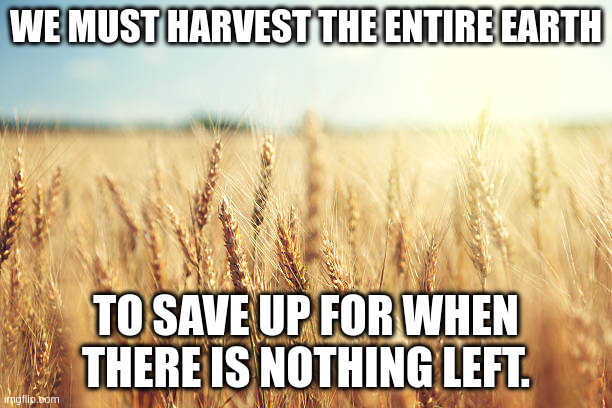 Wheat field | WE MUST HARVEST THE ENTIRE EARTH; TO SAVE UP FOR WHEN THERE IS NOTHING LEFT. | image tagged in wheat field | made w/ Imgflip meme maker