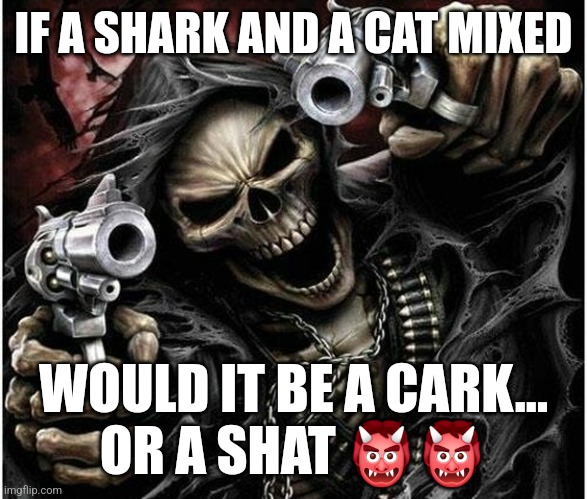 Badass Skeleton | IF A SHARK AND A CAT MIXED; WOULD IT BE A CARK...
OR A SHAT 👹👹 | image tagged in badass skeleton | made w/ Imgflip meme maker