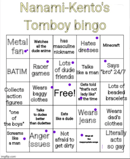 Not actually a tomboy, I’m just so not into the trend | image tagged in nanami-kento's tomboy bingo | made w/ Imgflip meme maker