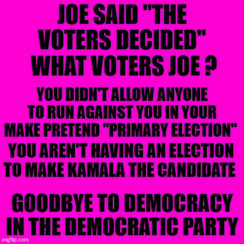 BIDEN KILLED OUR REPUBLIC | JOE SAID "THE VOTERS DECIDED"; WHAT VOTERS JOE ? YOU DIDN'T ALLOW ANYONE TO RUN AGAINST YOU IN YOUR MAKE PRETEND "PRIMARY ELECTION"; YOU AREN'T HAVING AN ELECTION TO MAKE KAMALA THE CANDIDATE; GOODBYE TO DEMOCRACY IN THE DEMOCRATIC PARTY | image tagged in democrat party destroys democracy | made w/ Imgflip meme maker