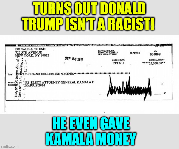Turns out they were wrong about Trump being a racist... big surprise | TURNS OUT DONALD TRUMP ISN’T A RACIST! HE EVEN GAVE KAMALA MONEY | image tagged in kamala donor | made w/ Imgflip meme maker