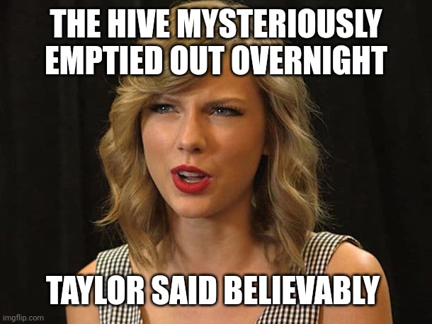 Taylor said believably | THE HIVE MYSTERIOUSLY EMPTIED OUT OVERNIGHT; TAYLOR SAID BELIEVABLY | image tagged in taylor swiftie | made w/ Imgflip meme maker