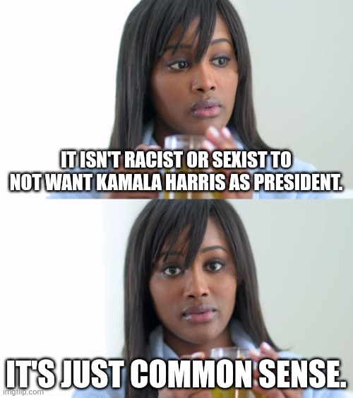 Something 98% of Democrat voters knew. | IT ISN'T RACIST OR SEXIST TO NOT WANT KAMALA HARRIS AS PRESIDENT. IT'S JUST COMMON SENSE. | image tagged in black woman drinking tea 2 panels | made w/ Imgflip meme maker