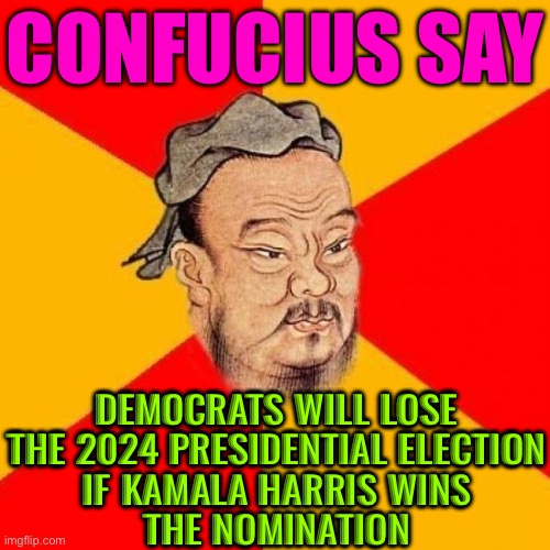 Confucius Say; Democrats Will Lose The 2024 Presidential Election If Kamala Harris Wins The Nomination | CONFUCIUS SAY; DEMOCRATS WILL LOSE THE 2024 PRESIDENTIAL ELECTION
IF KAMALA HARRIS WINS
THE NOMINATION | image tagged in confucius says,creepy joe biden,donald trump,breaking news,scumbag government,kamala harris | made w/ Imgflip meme maker