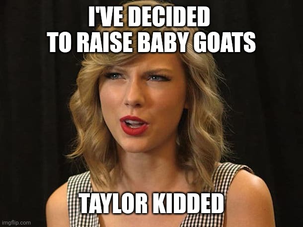 Taylor kidded | I'VE DECIDED 
TO RAISE BABY GOATS; TAYLOR KIDDED | image tagged in taylor swiftie | made w/ Imgflip meme maker