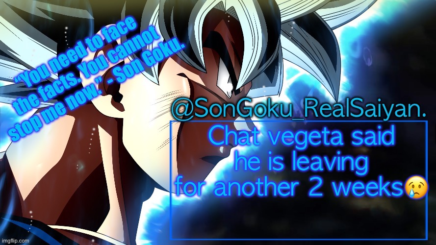 SonGoku_RealSaiyan Temp V3 | Chat vegeta said he is leaving for another 2 weeks😢 | image tagged in songoku_realsaiyan temp v3 | made w/ Imgflip meme maker