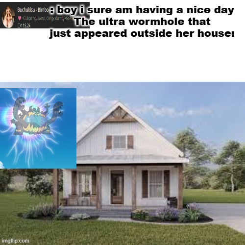: boy i sure am having a nice day
The ultra wormhole that just appeared outside her house: | made w/ Imgflip meme maker