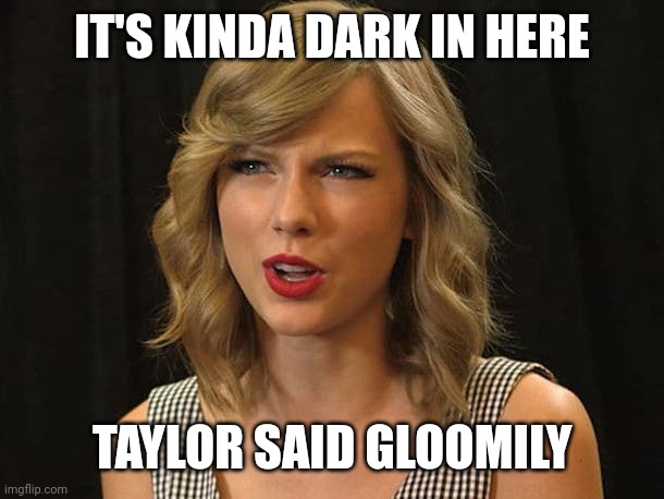 Taylor said gloomily | IT'S KINDA DARK IN HERE; TAYLOR SAID GLOOMILY | image tagged in taylor swiftie | made w/ Imgflip meme maker