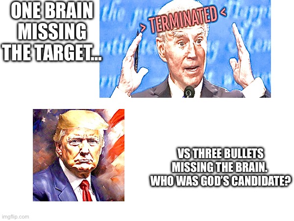 ONE BRAIN MISSING THE TARGET…; VS THREE BULLETS MISSING THE BRAIN. 
WHO WAS GOD’S CANDIDATE? | made w/ Imgflip meme maker