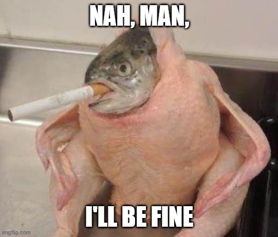 Bad ass fish | NAH, MAN, I'LL BE FINE | image tagged in bad ass fish | made w/ Imgflip meme maker