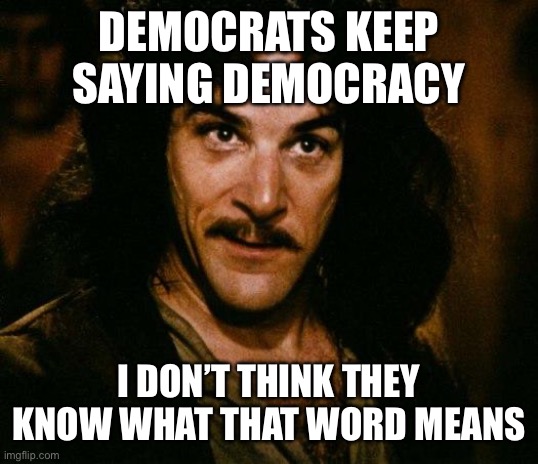 Inigo Montoya Meme | DEMOCRATS KEEP SAYING DEMOCRACY I DON’T THINK THEY KNOW WHAT THAT WORD MEANS | image tagged in memes,inigo montoya | made w/ Imgflip meme maker