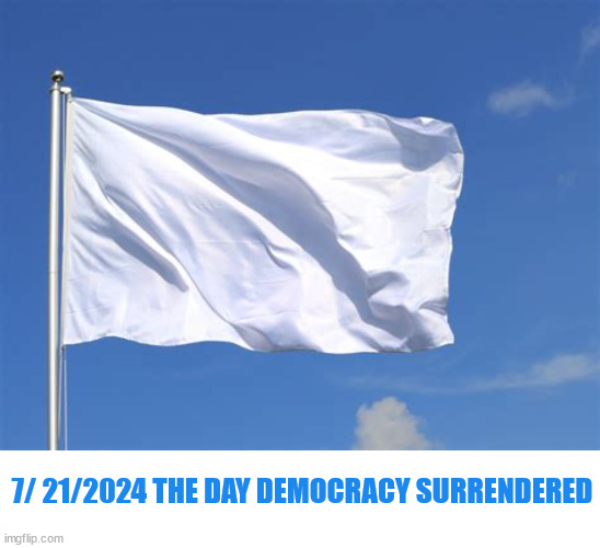 The flag is upside down | 7/ 21/2024 THE DAY DEMOCRACY SURRENDERED | image tagged in joe biden is dead from the neck up,usa surrenders,white flag,maga miracle,dnc disater | made w/ Imgflip meme maker