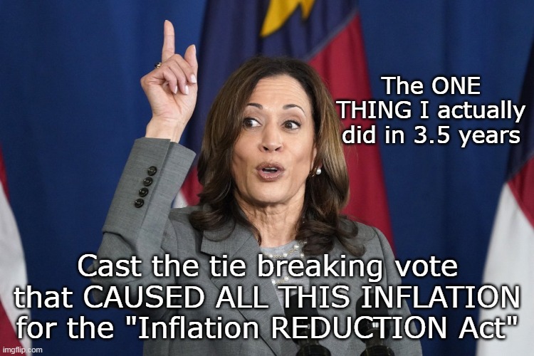 NEVER FORGET | The ONE THING I actually did in 3.5 years; Cast the tie breaking vote that CAUSED ALL THIS INFLATION for the "Inflation REDUCTION Act" | image tagged in kamala caused inflation meme | made w/ Imgflip meme maker