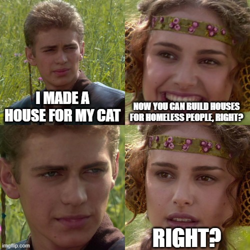 Anakin Padme 4 Panel | I MADE A HOUSE FOR MY CAT NOW YOU CAN BUILD HOUSES FOR HOMELESS PEOPLE, RIGHT? RIGHT? | image tagged in anakin padme 4 panel | made w/ Imgflip meme maker