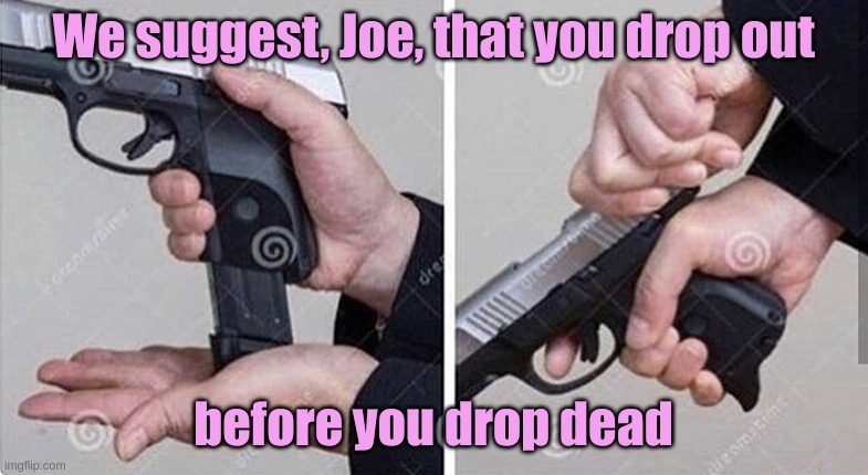 Loading gun | We suggest, Joe, that you drop out before you drop dead | image tagged in loading gun | made w/ Imgflip meme maker