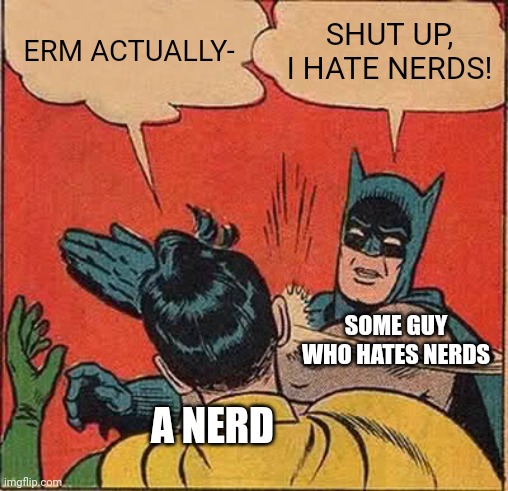 A Guy Slapping A Nerd | ERM ACTUALLY-; SHUT UP, I HATE NERDS! SOME GUY WHO HATES NERDS; A NERD | image tagged in memes,batman slapping robin | made w/ Imgflip meme maker