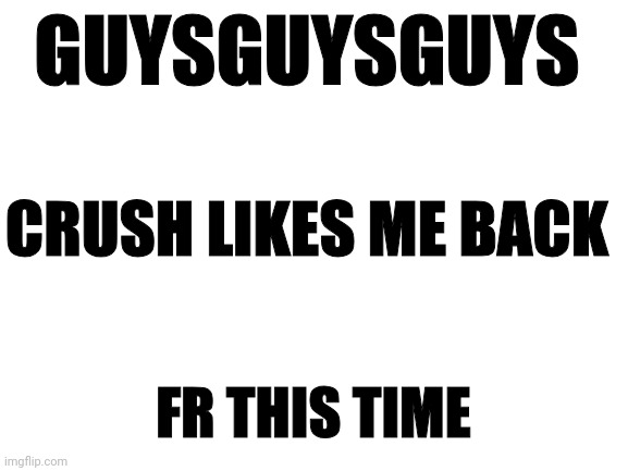 OMFG | GUYSGUYSGUYS; CRUSH LIKES ME BACK; FR THIS TIME | image tagged in blank white template | made w/ Imgflip meme maker