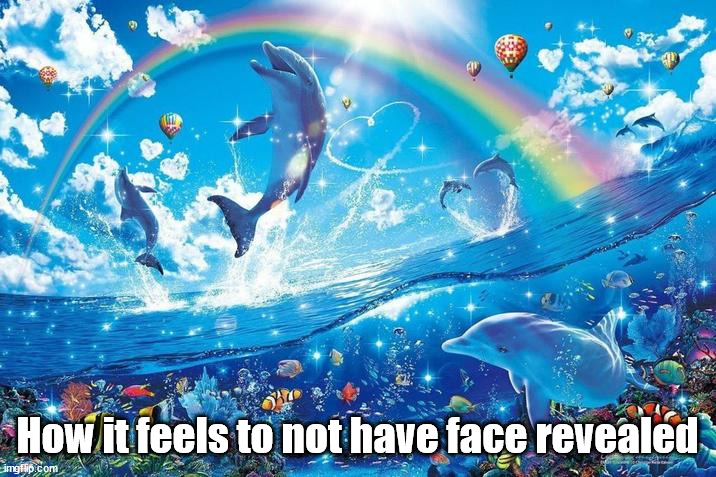 y'all will never see my face | How it feels to not have face revealed | image tagged in happy dolphin rainbow | made w/ Imgflip meme maker