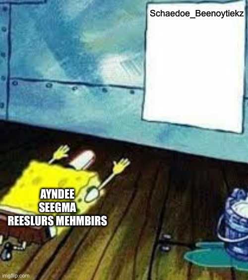 spongebob worship | Schaedoe_Beenoytiekz; AYNDEE SEEGMA REESLURS MEHMBIRS | image tagged in spongebob worship | made w/ Imgflip meme maker