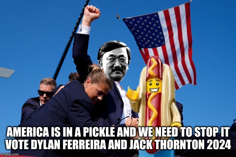 Vote Ferreira | AMERICA IS IN A PICKLE AND WE NEED TO STOP IT
VOTE DYLAN FERREIRA AND JACK THORNTON 2024 | image tagged in funny,political meme | made w/ Imgflip meme maker