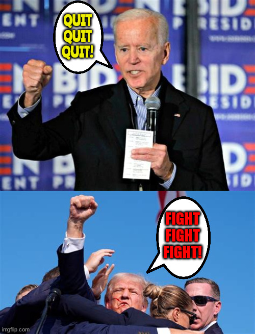 Animated | QUIT QUIT QUIT! FIGHT FIGHT FIGHT! | image tagged in trump v biden shout,biden quits,trump yells fight,maga mad,quitter | made w/ Imgflip meme maker