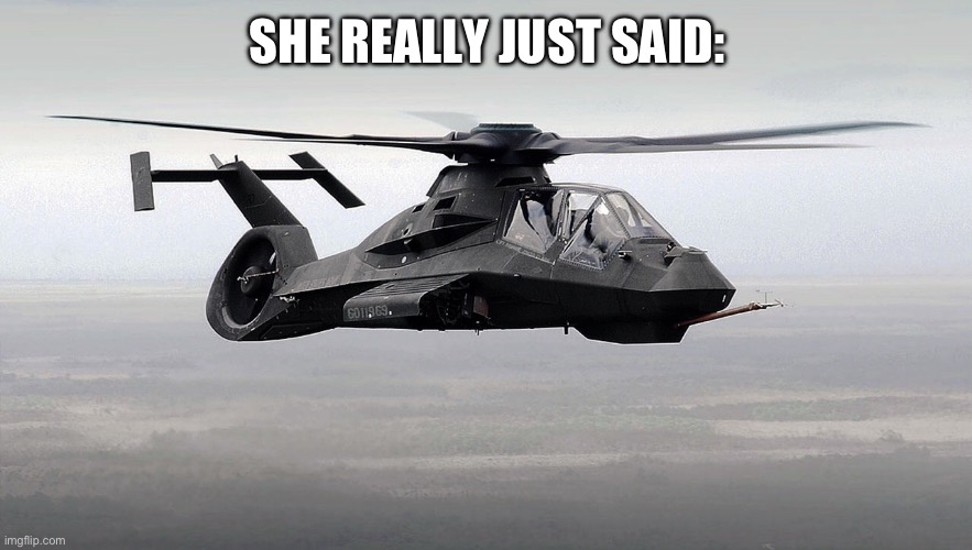 Black Helicopter  | SHE REALLY JUST SAID: | image tagged in black helicopter | made w/ Imgflip meme maker