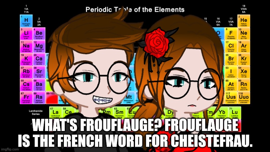 Unsubmitted scenario | WHAT'S FROUFLAUGE? FROUFLAUGE IS THE FRENCH WORD FOR CHEISTEFRAU. | image tagged in mc,cc,cheistefrau,periodic states of mendelevia,frouflauge | made w/ Imgflip meme maker