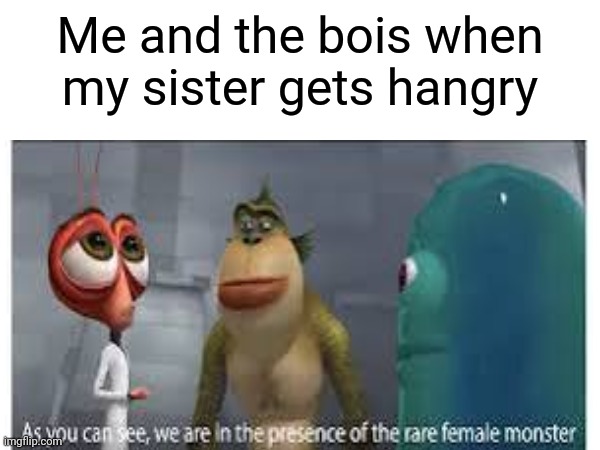 Me and the bois when my sister gets hangry | image tagged in rare,female,monster,monsters,versus,aliens | made w/ Imgflip meme maker